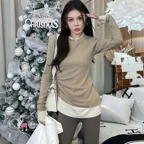 

Color-Blocked Fake Two-Piece Brushed Temperament Bottoming Shirt Autumn Winter Versatile Long-Sleeved Pleated Waist T-Shirt Top