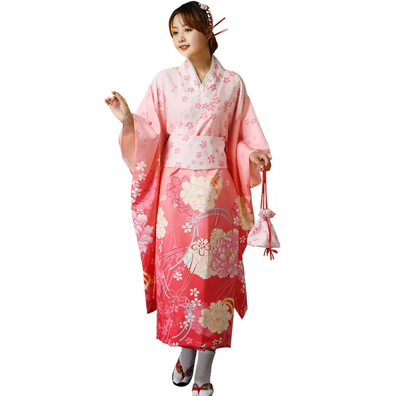 Divine Girl Cosplay Costume Pink Gradient Print Performance Attire Japanese Traditional Kimono Large Sleeved Nightgown for Women