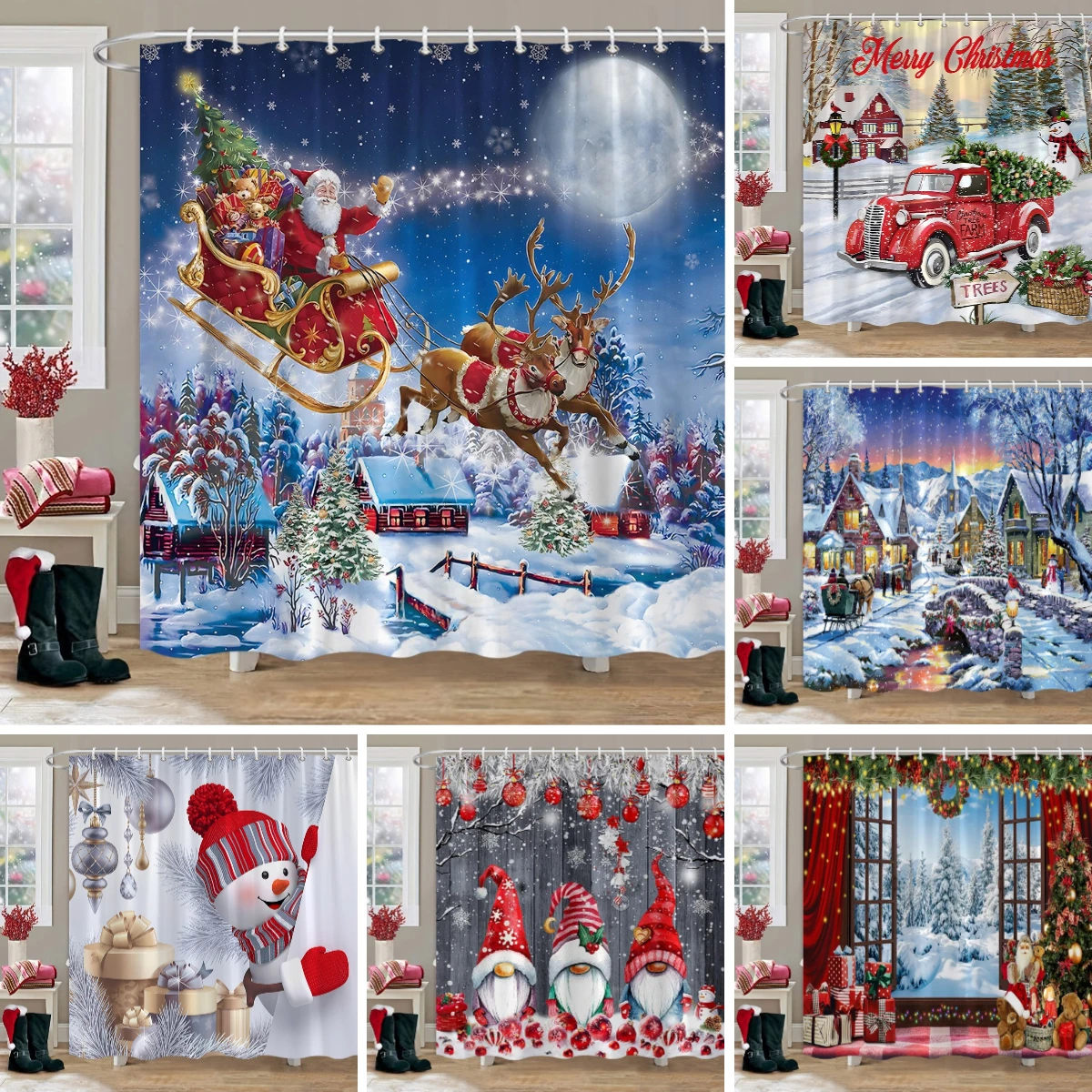 Happy Christmas Shower Curtain Father Christmas Snowman Elf Deer Red Truck Printed Polyester Cloth Shower Curtain Bathroom Decor