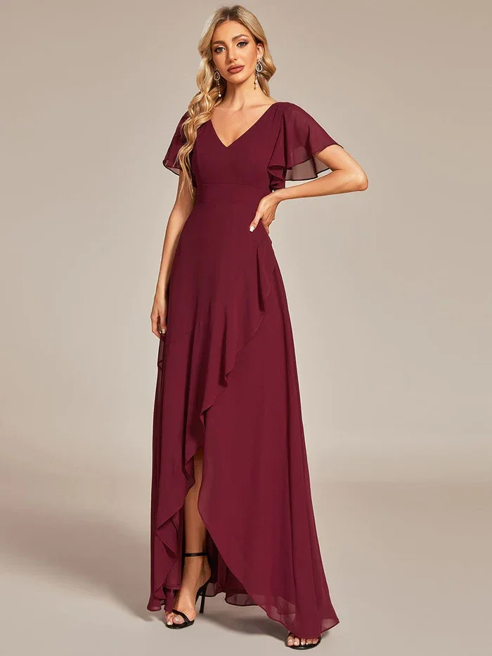 Sempre bonita-vestido de dama chiffon, v pescoço, babados, charmoso