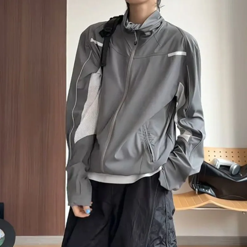 

Japanese Style Patchwork Mesh Sun Protection Jacket for Men Summer Short Outdoor Stand Collar Costs Lightweight Cycling Sports