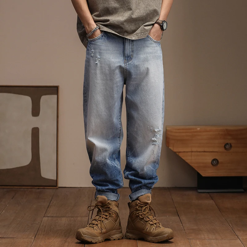 

American and European loose Harem pants spring and summer distressed patches casual small leg baggy jeans for streetwear men