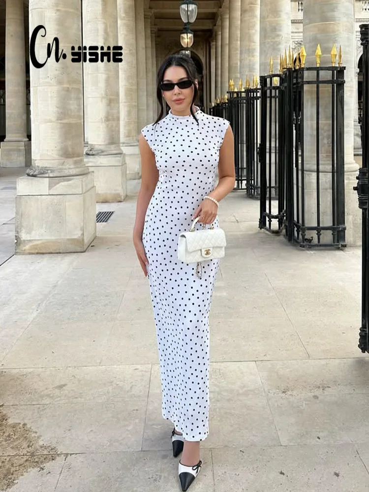 

CNYISHE Dot Prints O Neck Sleeveless Split Tank Fashion Women Dresses Sheath Sexy Club Elegant Female Skinny Outfits Bodycon