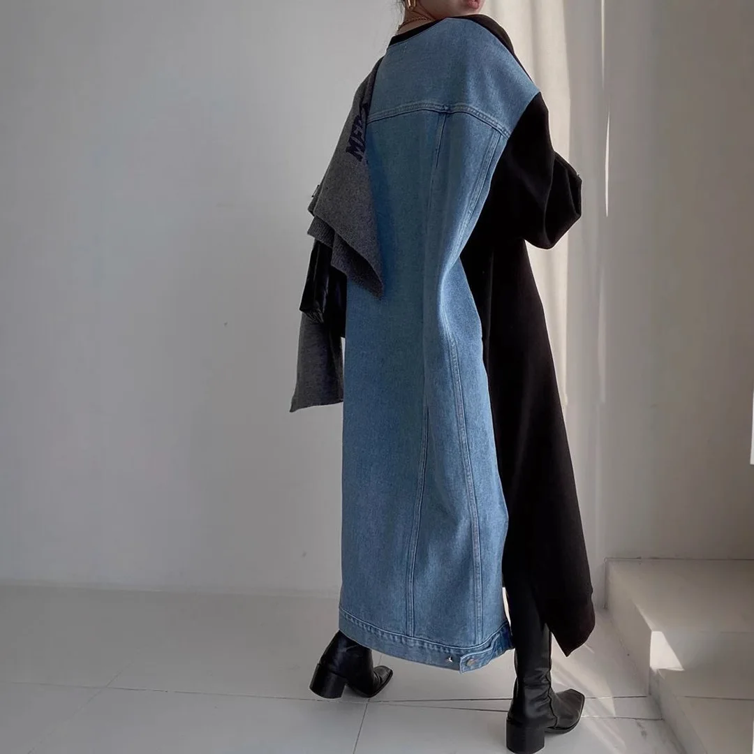 

2026 New Women's Casual Hoodie Dress Letter Print Denim Patchwork Design Loose Long Sleeve Maxi Dress For Spring