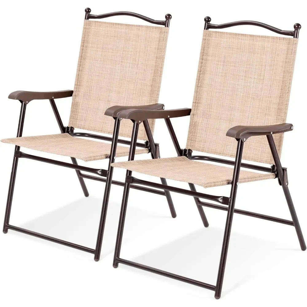 

Set of 2 Patio Folding Dining Chairs, Outdoor Sling Lawn Chairs with Armrests, Steel Frame, Portable Camping Lounge Chairs