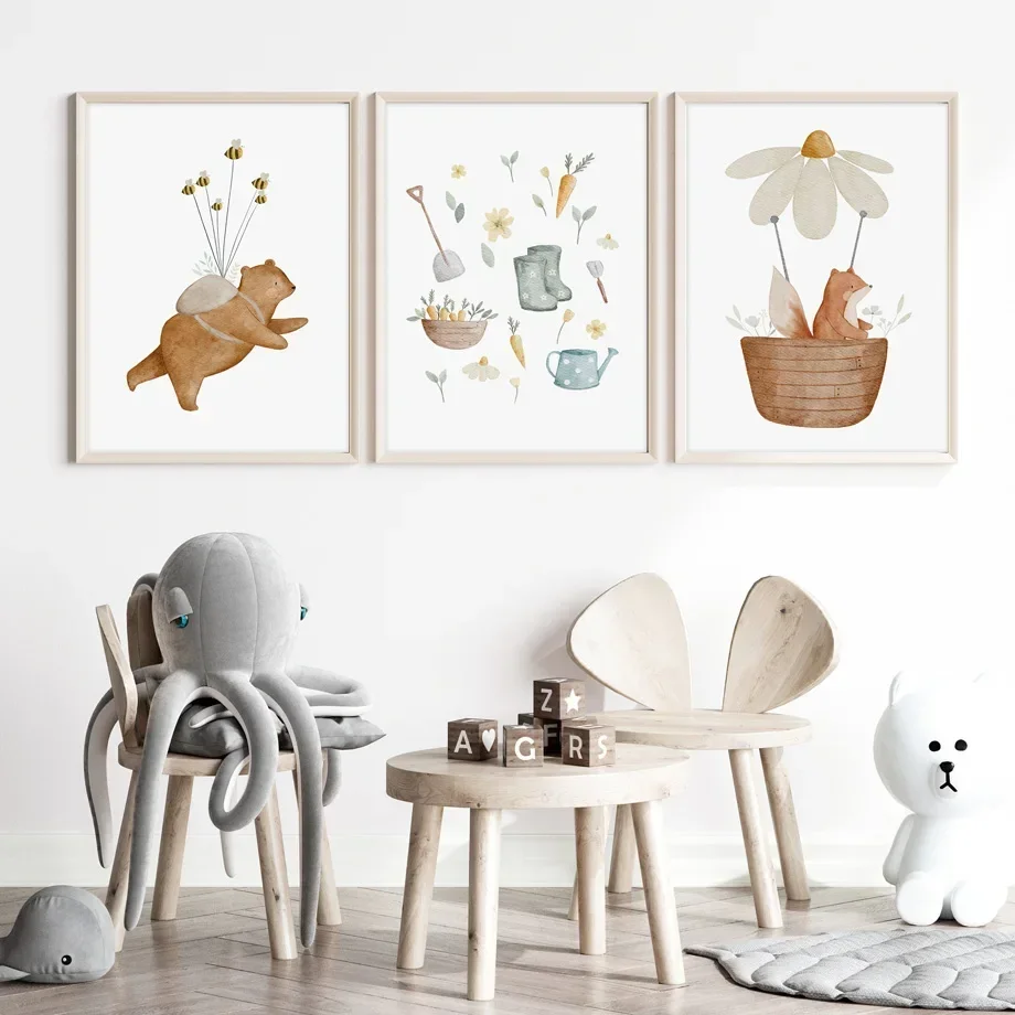 Rabbit Fox Bear Bee Mouse Flower Boho Cartoon Farm Wall Art Canvas Painting Posters And Prints Pictures For Baby Kids Room Decor