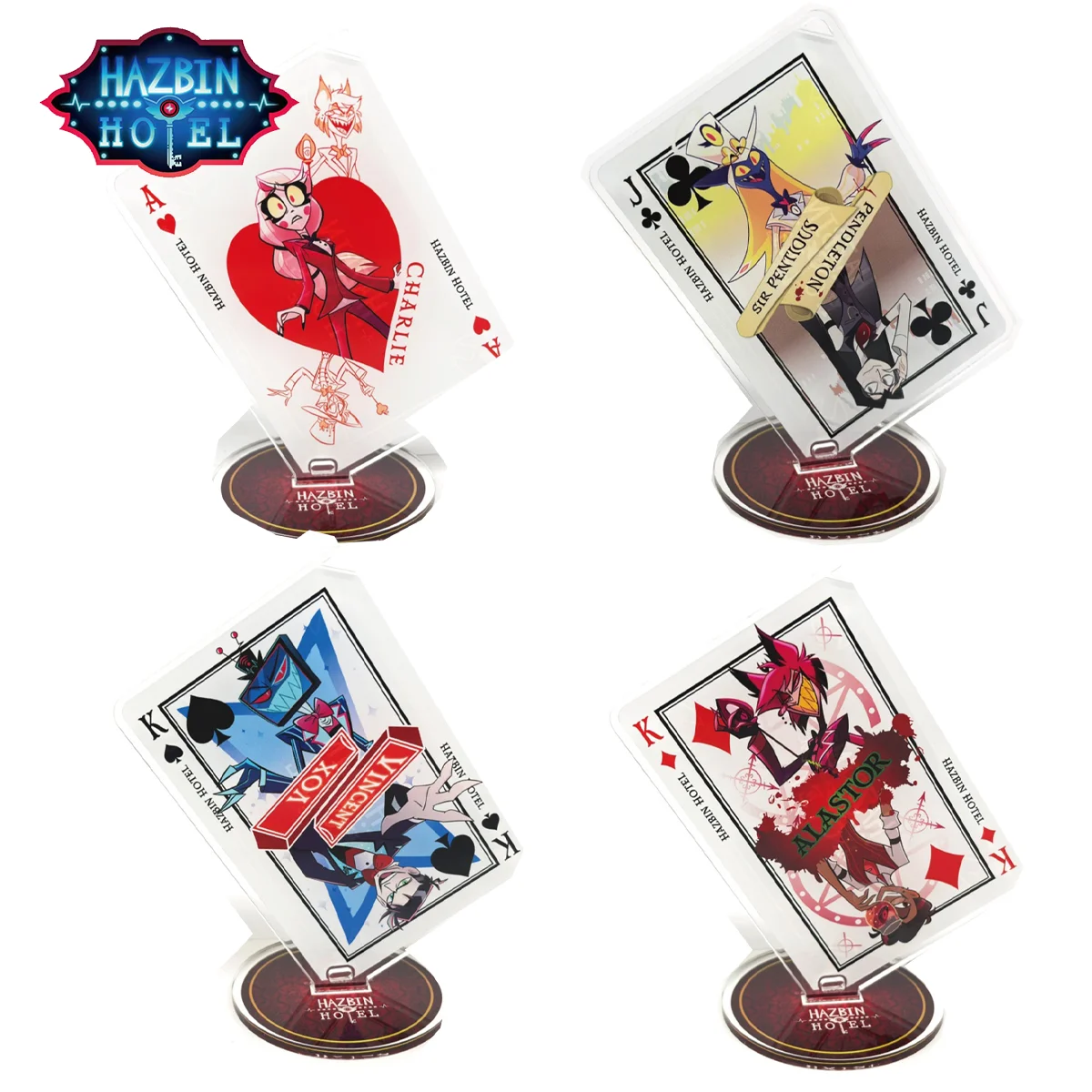 Anime Hazbin Hotel New Arrival 10cm HD Poker Themed Acrylic Stand Charlie Alastor Vaggie Desktop Decor Carnival Gift Keychain