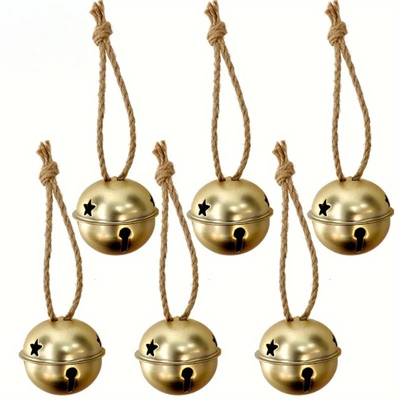 10pcs Golden Decorative Bells - Elegant Metal Christmas Tree Ornaments with Star, Perfect for Holiday Decor, Doorbells Pet Bells