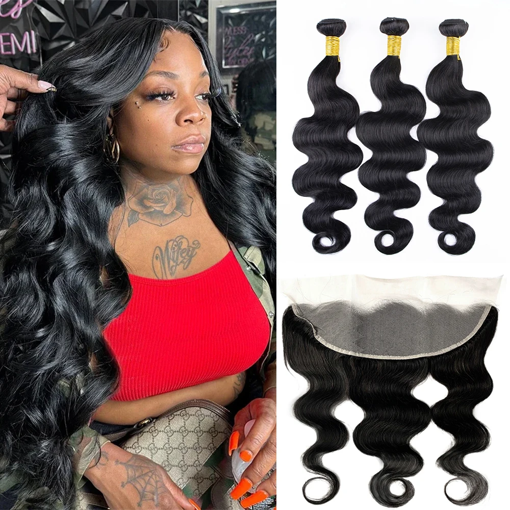 Remy Body Wave Human Hair Bundles With Frontal Brazilian Transparent Preplucked 13x4 Lace Closure and Bundle 10A Hair Extensions