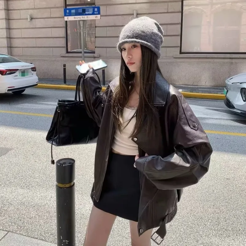 

Fashion Dark Brown Leather Jacket Autumn New Double Layered Collar Tops Loose with Pockets Casual Coat PU Leather Women's Jacket