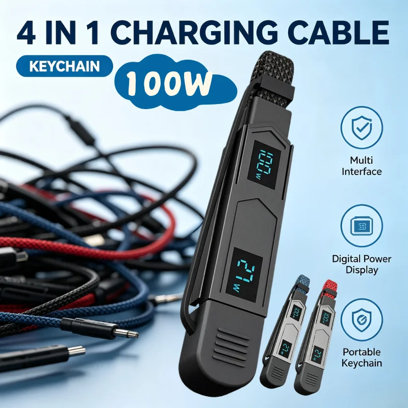 100W Digital Display 4-in-1 Wire Charging Power Monitor Multi Interface PD Fast Charging   Data Transfer Cable Charger Cord