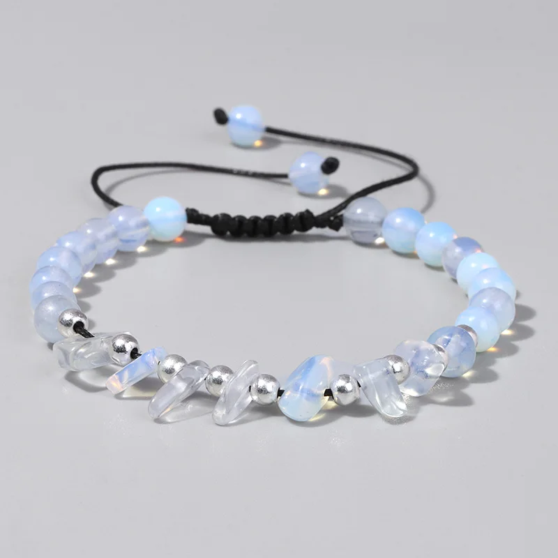 Women Fashion Smooth White Opal Moon Stone Bracelet Irregular Gravel Beads Cord Braided Bracelet Adjustable Female Men Jewelry