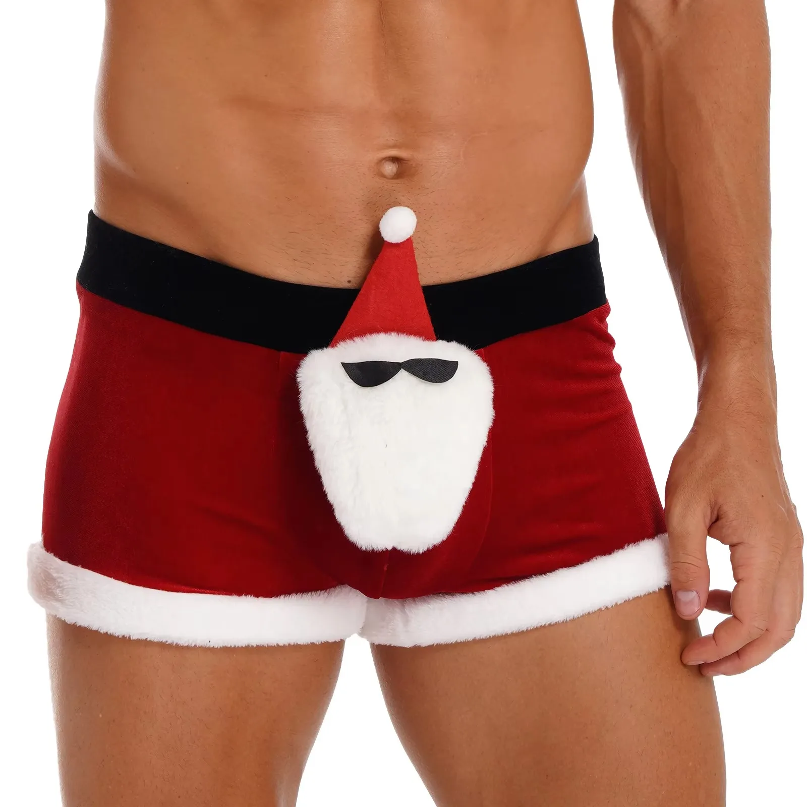 Mens Bowknot Velvet Boxer Brief Christmas Holiday Santa Claus Theme Party Costume Funny Wide Elastic Waistband Shorts Underwear