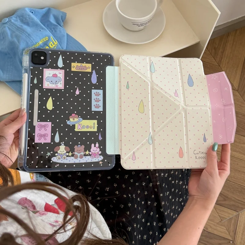 Cartoon Animal Sticker Print Cover Case With Pen Slot Foldable for iPad 10/9/8/7th Gen Air 5/4/6/7 Pro 11 12.9 Mini 6/7 Air 5