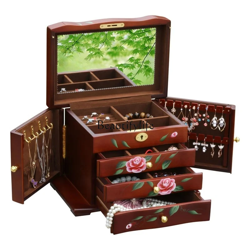 

Multi-layer Necklace Solid Wood Storage Box Chinese Dressing Table Earring Jewelry Organizer Wedding