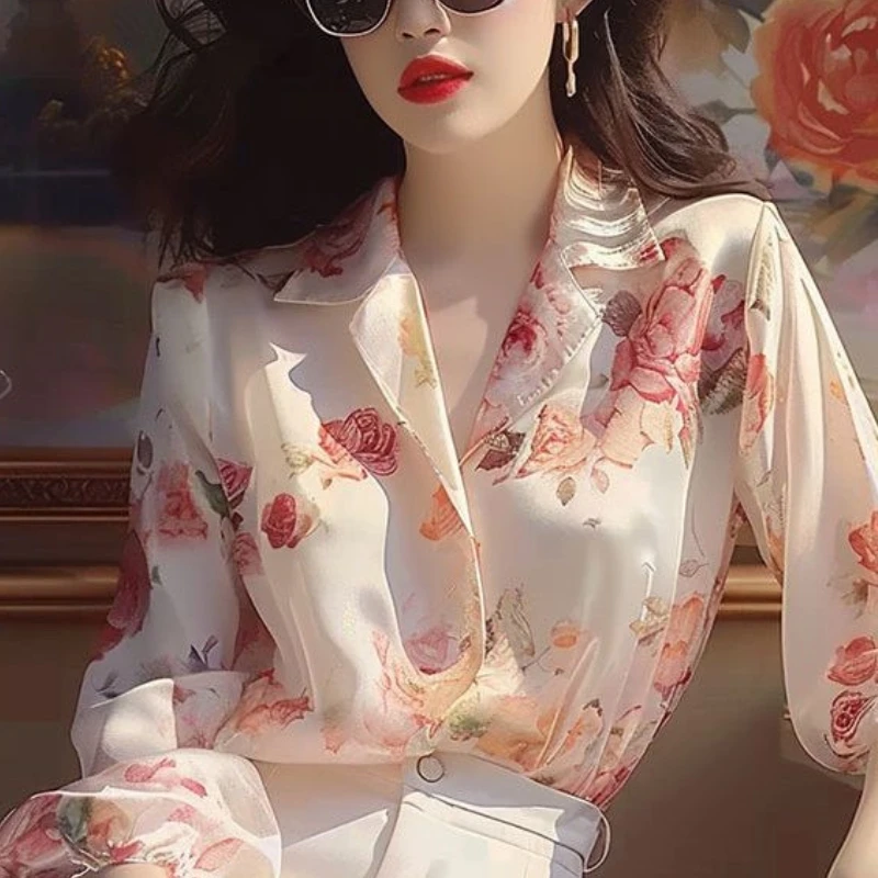 2024 New Summer Retro Sweet Fashion Loose and Versatile Blouses Three Quarter Stand Collar Printed Button Women\'s Shirt Top