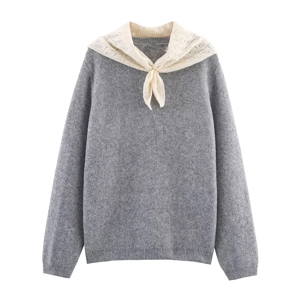 

Женская модная повседневная трикотажная рубашка с шелковым шарфом и вставками, ретро-стиль, универсальная, лето 2026, шикарная женская толстовка