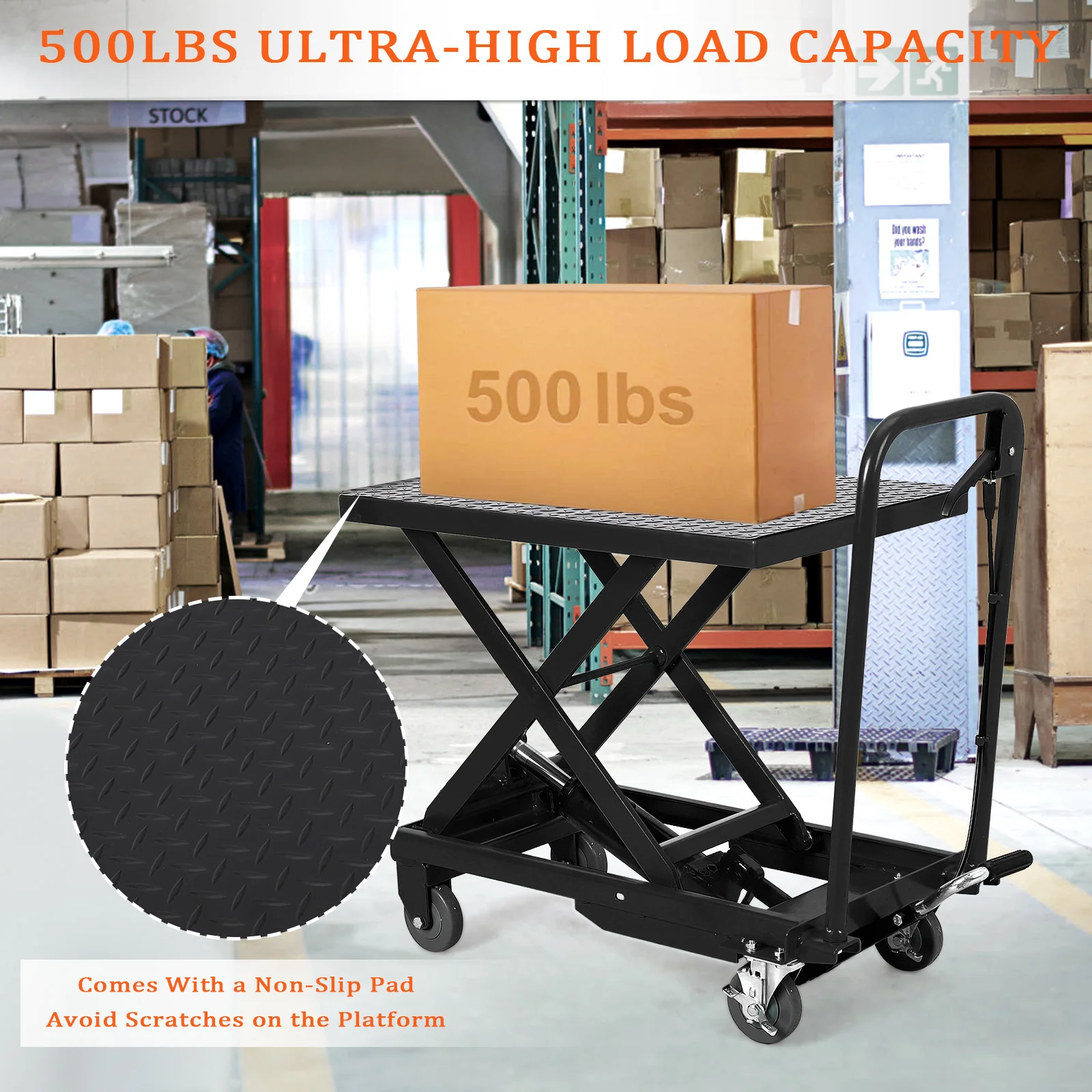 500Lbs Hydraulic Lift Table Cart, Manual Single Scissor Lift Table With Non-Slip Pad, Elevating Hydraulic Cart For Transport