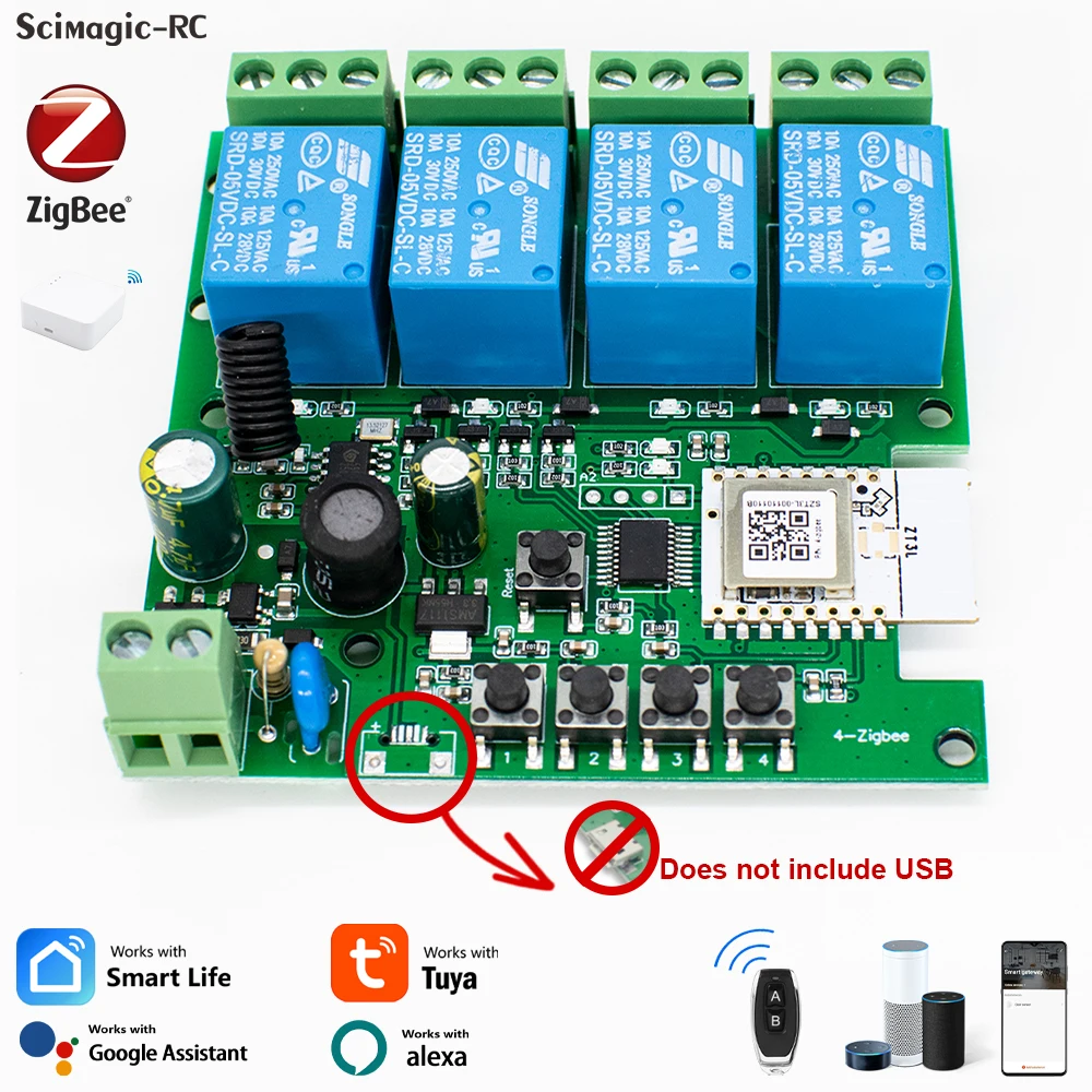 4CH Zigbee Smart Switch 220V Module APP Remote Control 12V 24V 85-250V RF Receiver 10A Smart Relay With Alexa Google Home