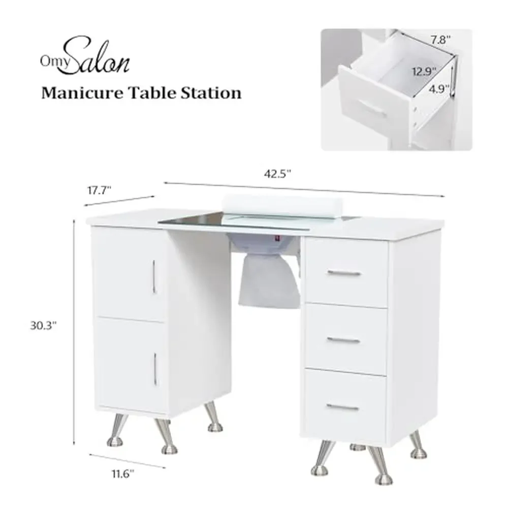 Bureau de module d'ongle professionnel avec collecteur de poussière et dessus en verre, rangement de station de travail de beauté de salon