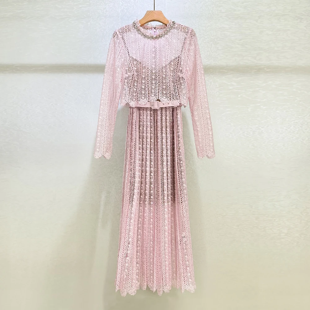 Drill Lace Openwork Long-Sleeved Dress for Women Elegant and Refined Round-Neck Commuter Dress Spring 2026 New Arrival Y2K Style