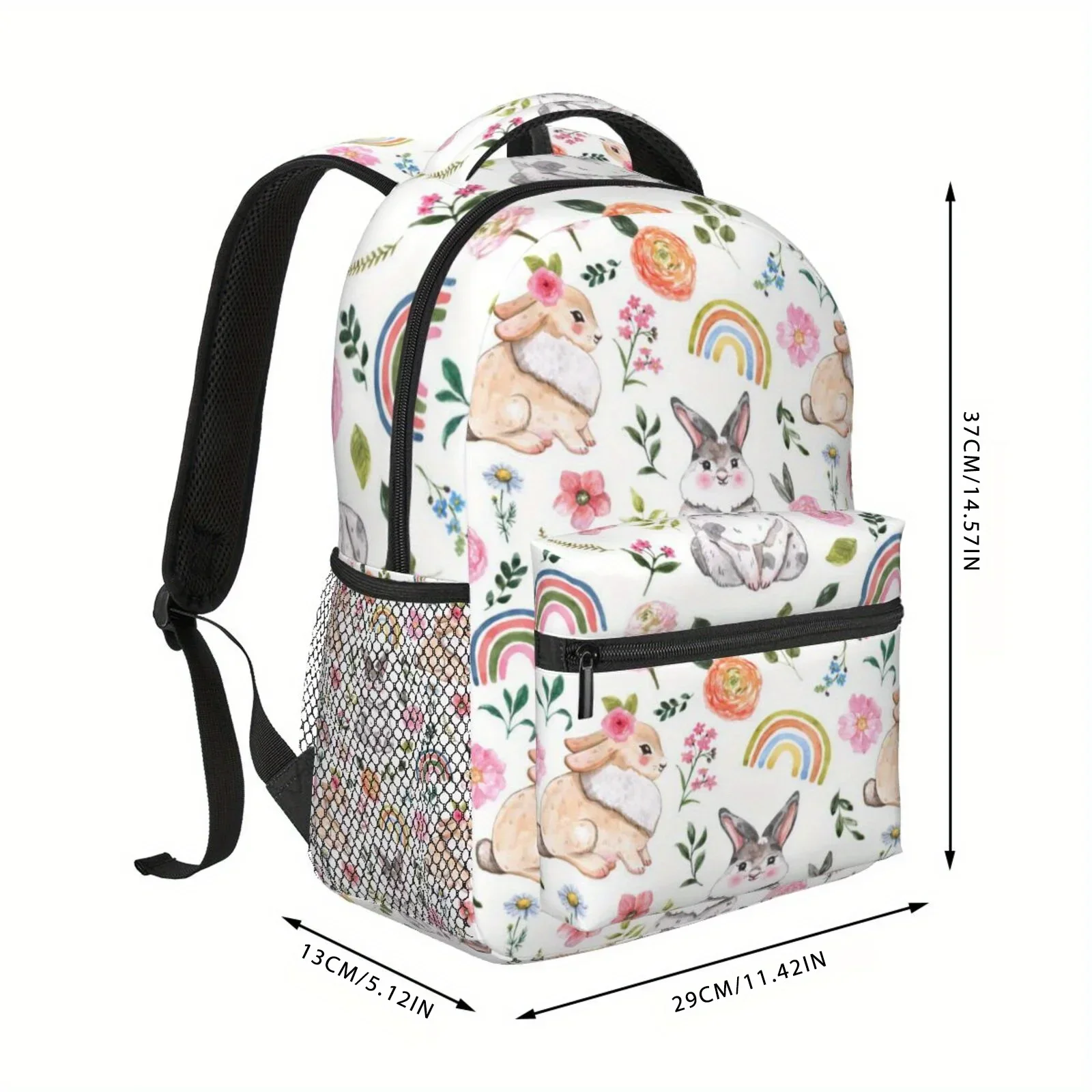 Custom Bag 1pc Fun Rainbow Cartoon Cute Rabbit Floral Theme Half Full Print Large Capacity Backpack, Lightweight And Durable Pol