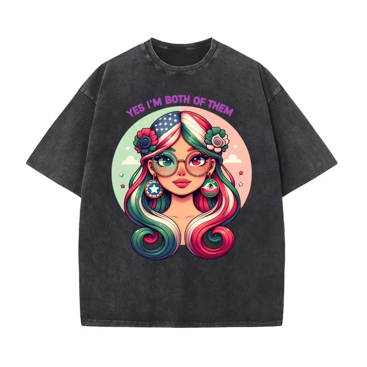 

Mexican American T-shirt Women Cartoon Graphic Tee Dual Nationality Slogan Top Vintage Washed Oversized Y2K Aesthetic Streetwear