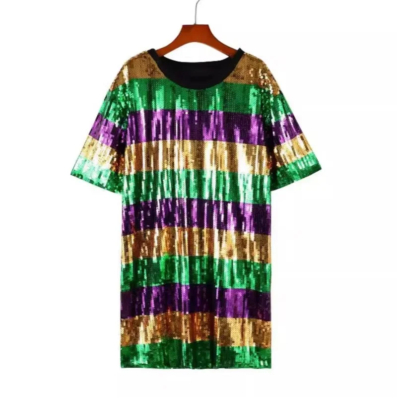 

CHIC New Europe US Hiphop Girls Streetwear Classic Stripes Sequined Women's T-shirts Tops Loose Punk Jersey Long Tee Dresses