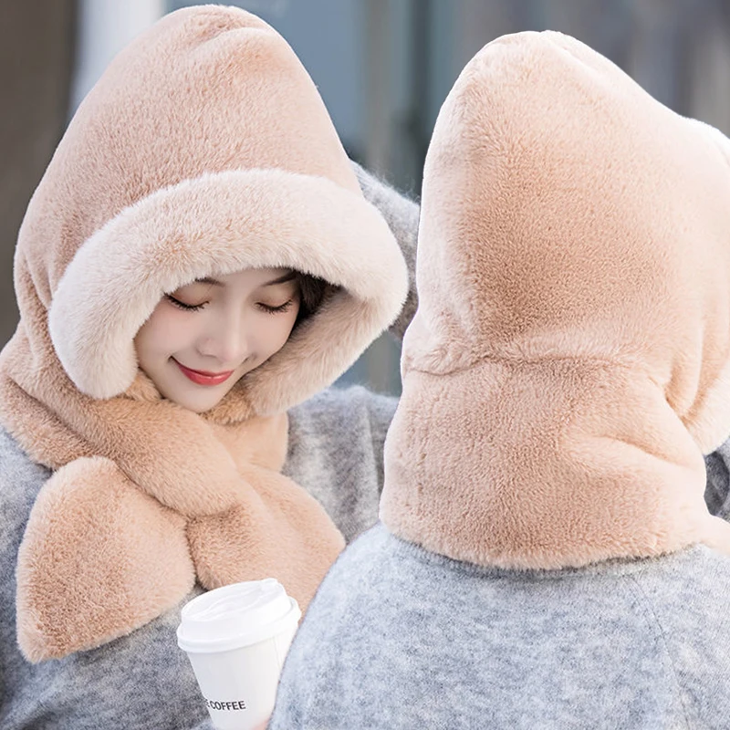 Women Winter Hood Beanies Thick Plush Scarf Hat Set Outdoor Ski Windproof Warm Headgear Solid Fluffy Fur Female Earmuffs Cap