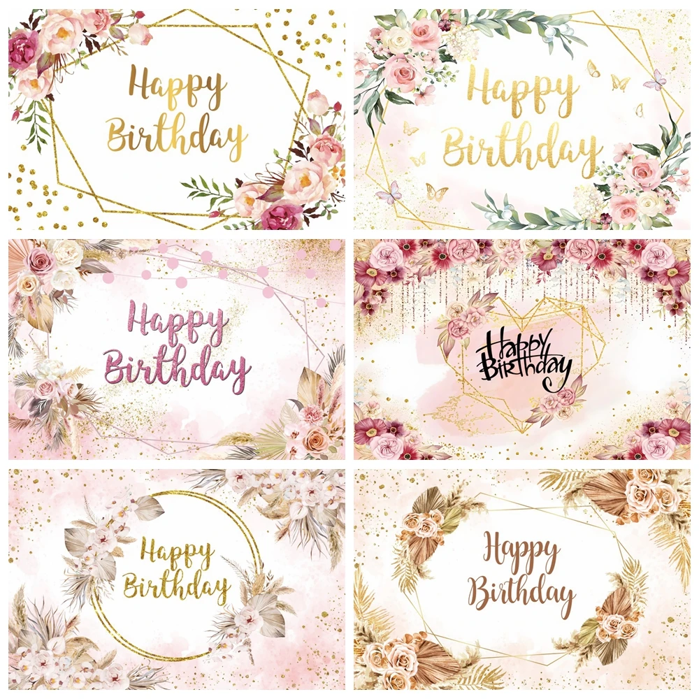 

Happy Birthday Backdrop for Photography Gold Frame Flower Baby Shower Adult Birthday Customize Anniversary Photo Background