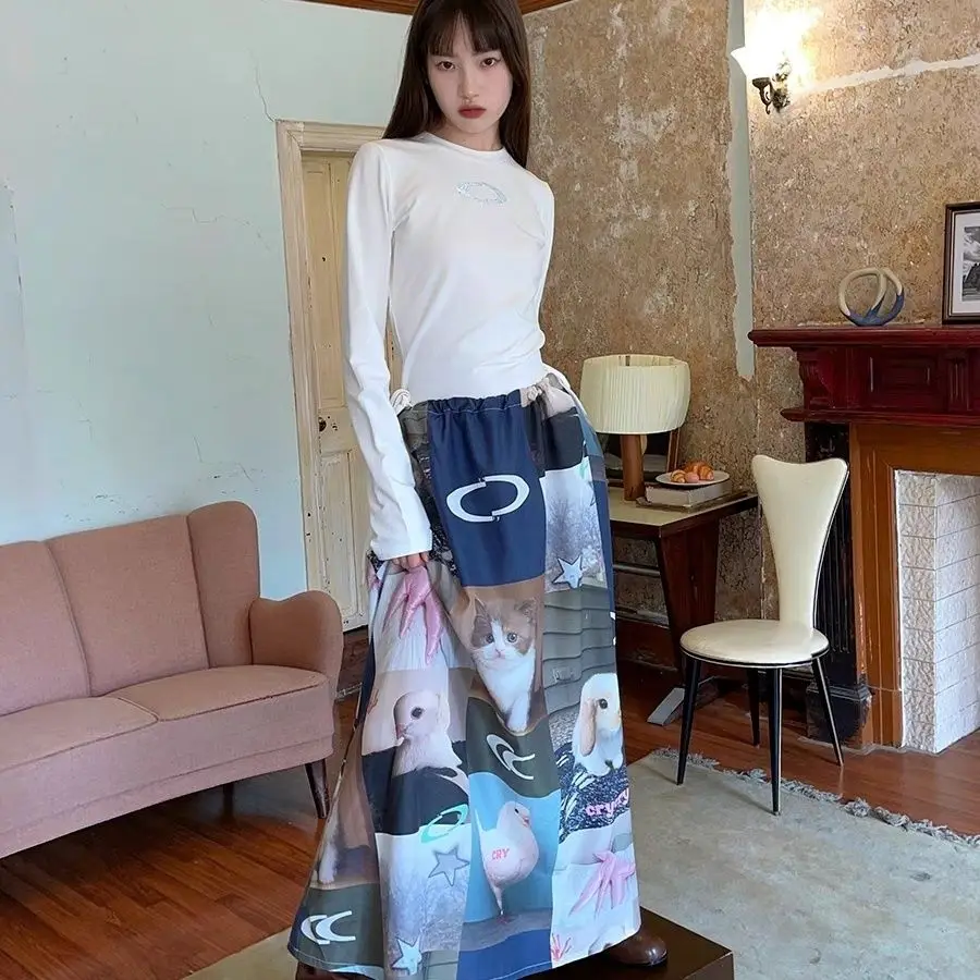 

Пиксельный принт, кролик, кошка, звезда, узор, регулируемая талия, длинная юбка, длинная юбка, эстетичная кавайная случайная милая повседневная одежда