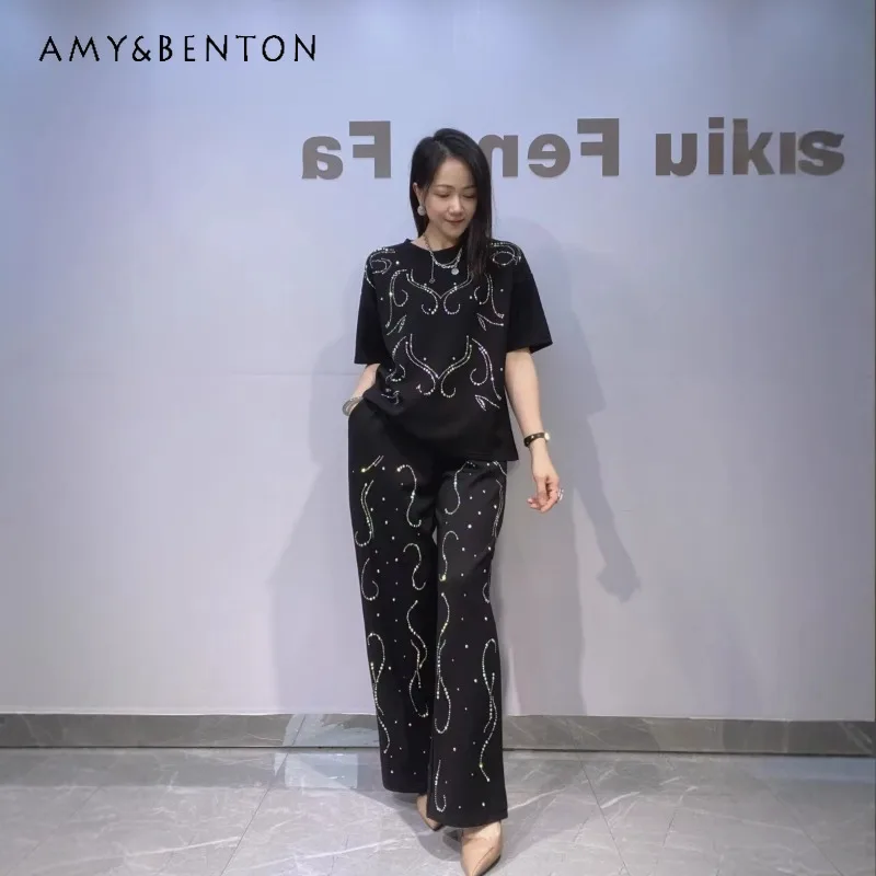 

Women's High-end Fashion Wide-leg Pant Top Suit Summer Evening Party Heavy Craft Rhinestone Short-sleeves T-shirt Two-pieces Set