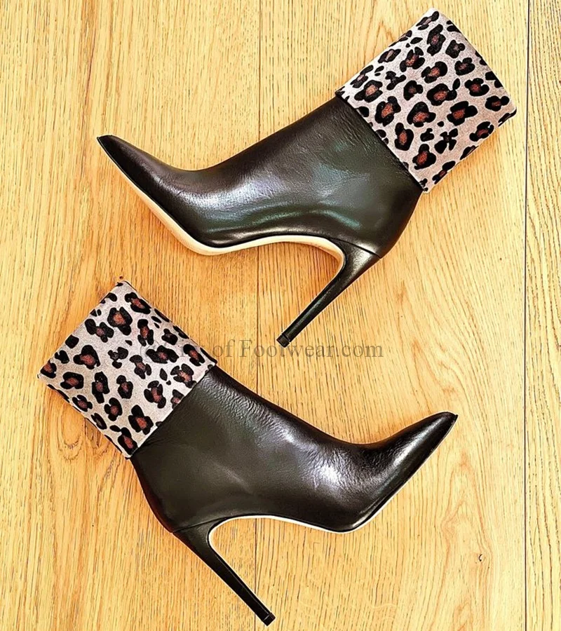 Pointed Toe Leopard /Zebra Print Sexy Ankle Boots Women Black Fur Leather Thin High Heels Big Size Booties Luxury Designer Shoes image 2