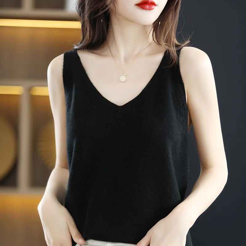 Hot Sale Summer New T-Shirt Sling Cashmere Knit Solid Color Sleeveless Women\'s 100% Wool Sling Cropped Pullover promotion 2022