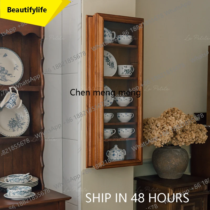 02M Retro solid wood wall storage display household building cup plate display stand cafe decoration cabinet