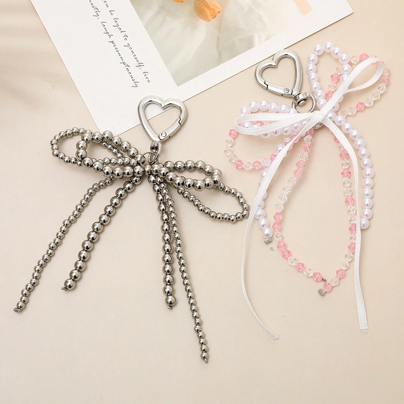 Delicate Mobile Phone Anti Loss Lanyard Sweet Versatile Beaded Bow Pendant Keychain Backpack Decoration Accessories Gifts