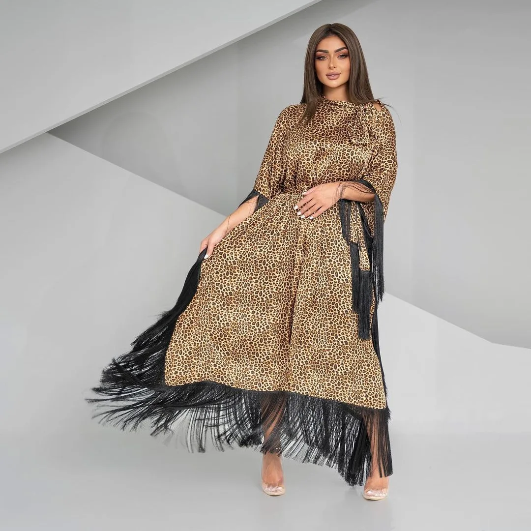 Muslim Leopard Print Dress, Middle Eastern, Modern, Luxury Fashion, Islamic Robe, Bat Sleeves, Tassel Kaftan, Party Dress