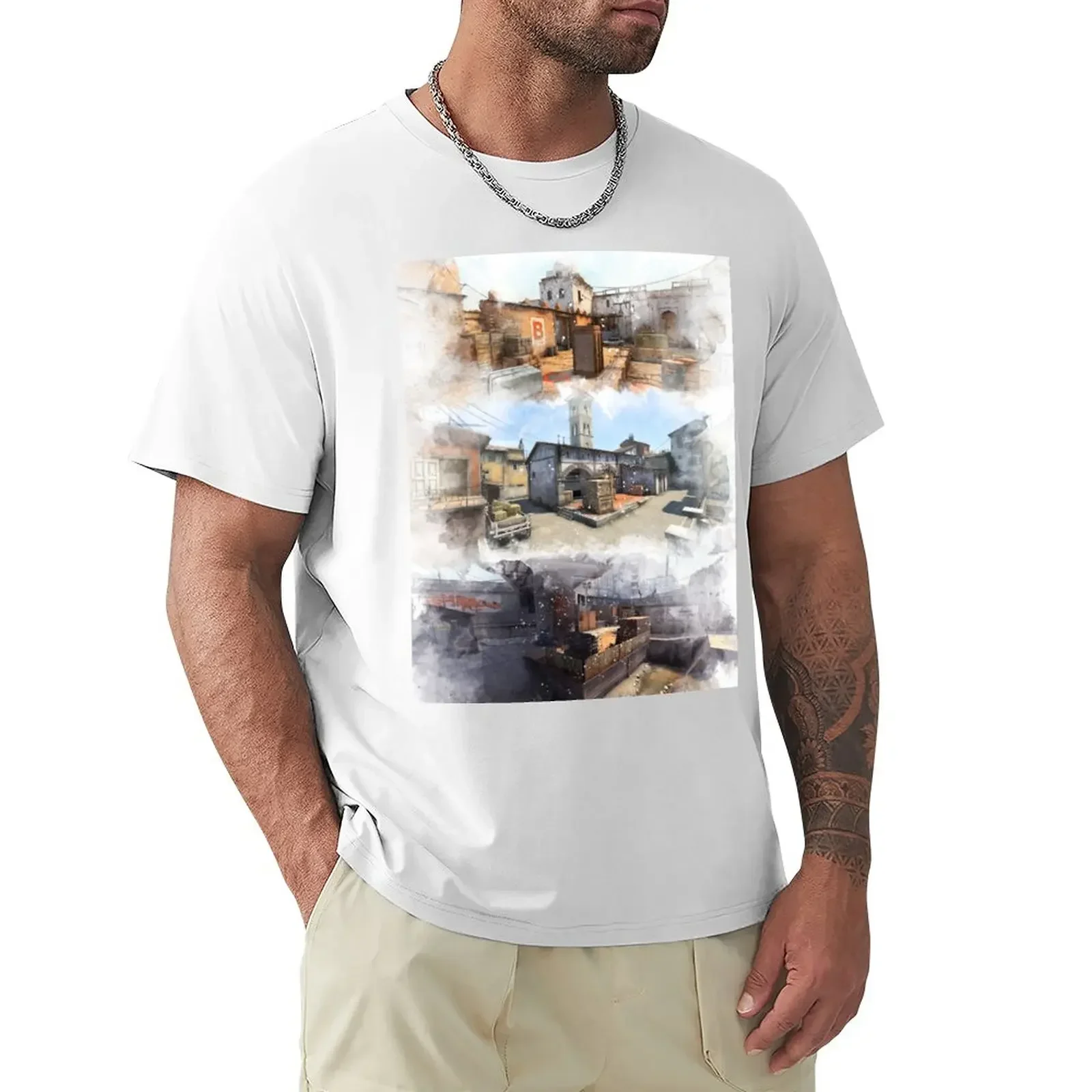 Dust 2 Inferno and Overpass Watercolour CSGO Map Poster T-Shirt summer tops anime tshirt Short sleeve tee men clothing