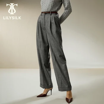 LILYSILK 여성용 모직 바지, 포켓 디자인 격자 무늬 와이드 팬츠, 오피스 레이디 빈티지 에센셜 traf, 무료 배송, 2023 가을 신상