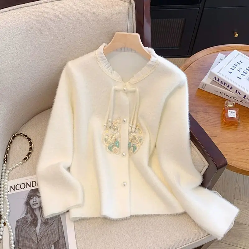 chinese style women clothes knitting Cardigan Autumn Winter Fashion Solid color sweater coat elegant All-match Knitwear tops