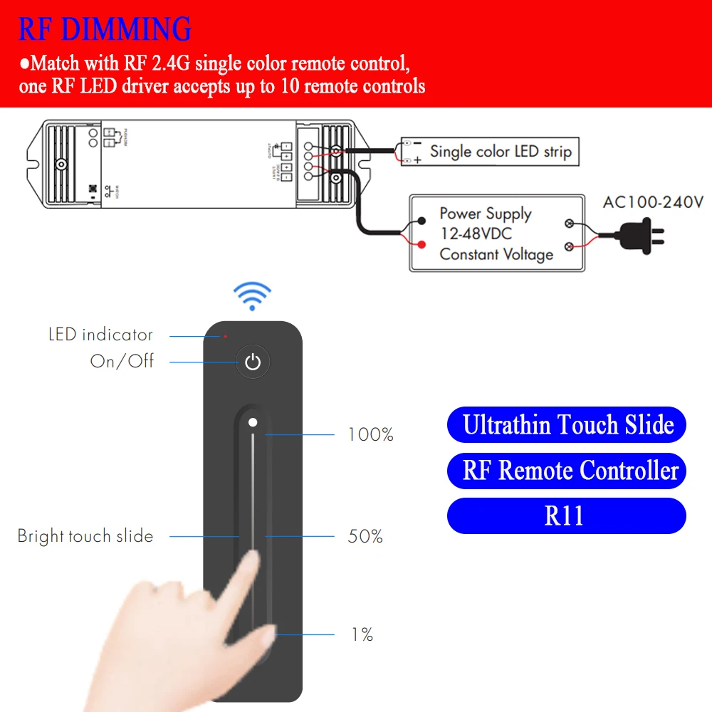 High Power LED Controller 1CH 360W DC 12V 24V 36V 48V Dimmer V1-L With Push Swich Dimming Funtion 2.4G Remote Control Fade Mode