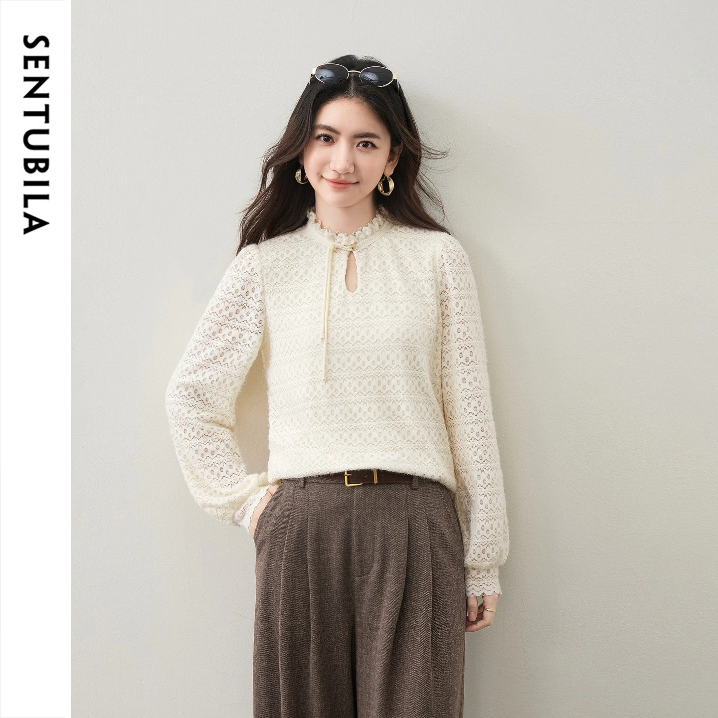 SENTUBILA Women's Long Sleeve Tops Lace Ruffled Stand Collar Frog Buttons Warm 2026 Winter Chinese Style Versatile Top 164SA8663
