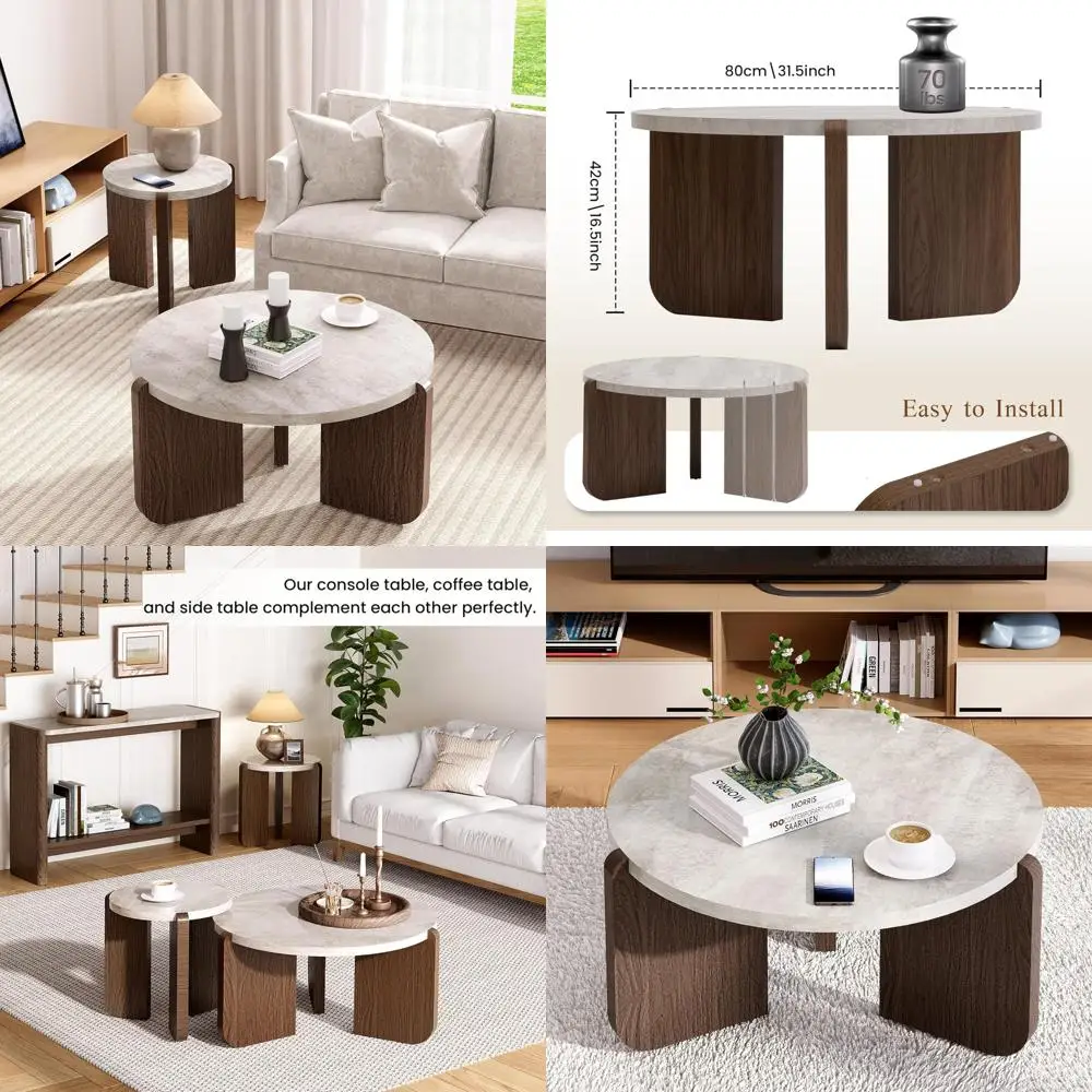 

Современный круглый журнальный столик с прочным основанием и деревянным центром, столешница из искусственного мрамора для гостиных и приемных