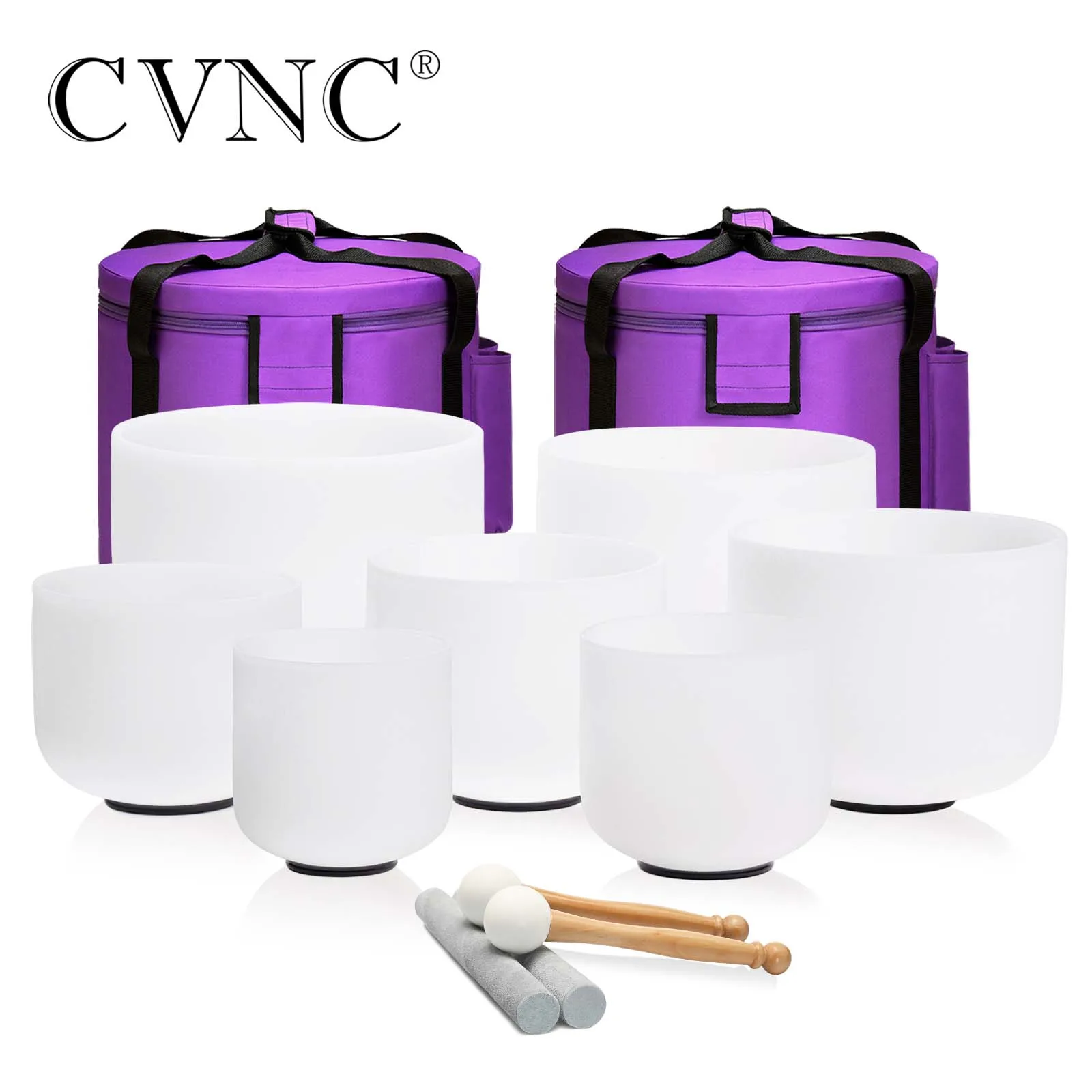 

CVNC 6-12 inch Chakra Set of 7Pcs Frosted Quartz Crystal Singing Bowls for Yoga Medication and Sound Healing with Carrying Cases