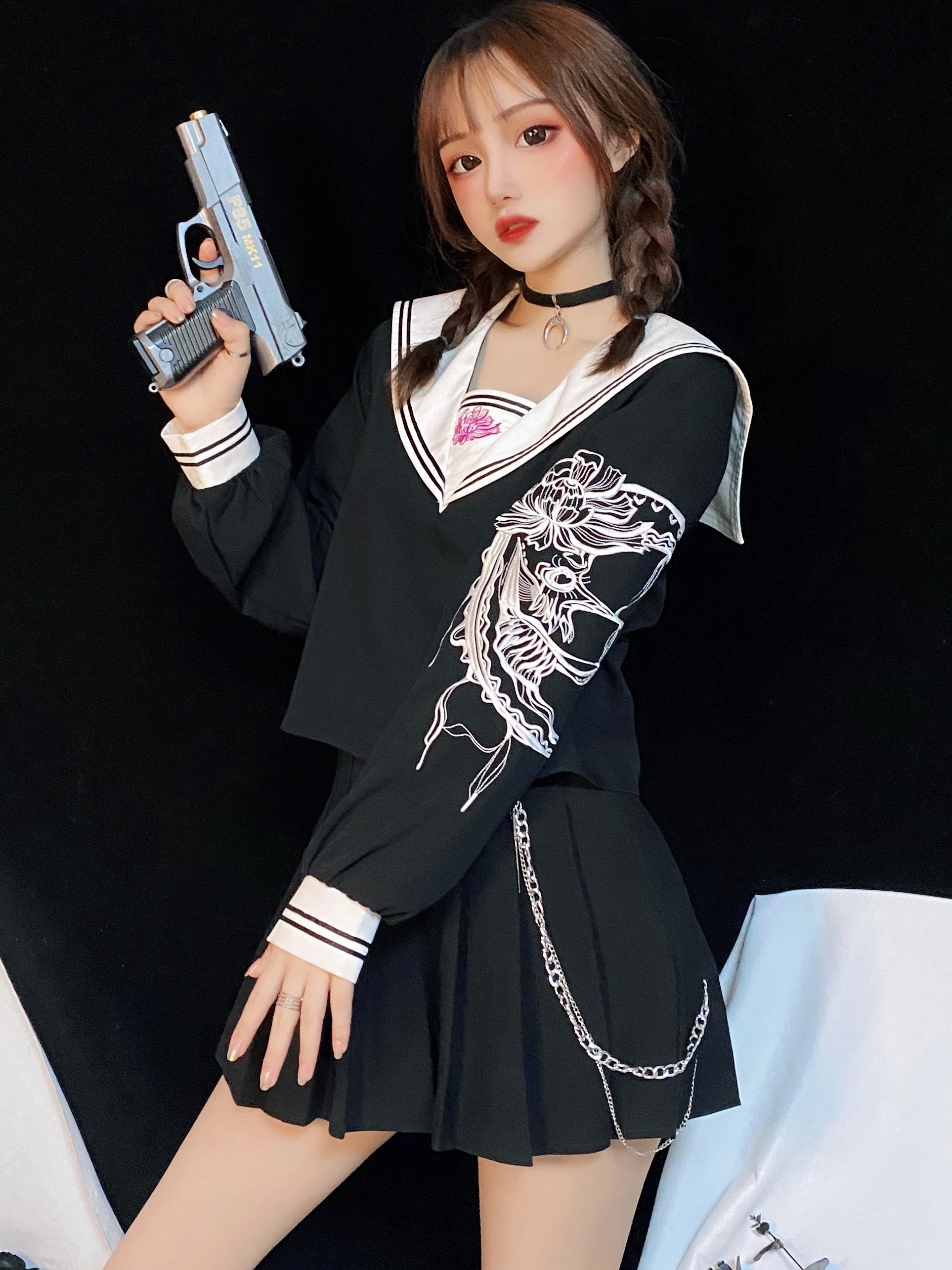 

Original Design k Blue Long Sve Embroidered irt for Girls Straight Cut Naval Collar Patchwork Autumn Collection