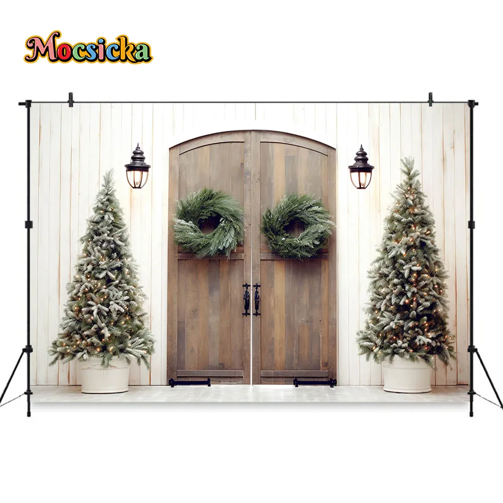 Mocsicka Christmas Rustic Wooden Door Background Photography Winter Xmas Tree Garland Backdrop Kids Family Photo Studio Booth