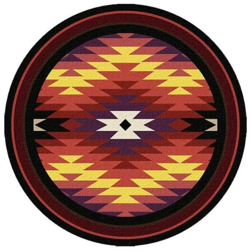 Circular Area Mat Western Aztec Cabin Theme Radiant Geometric Pattern Bold Black Ring Border Non Slip Blanket for Bedside