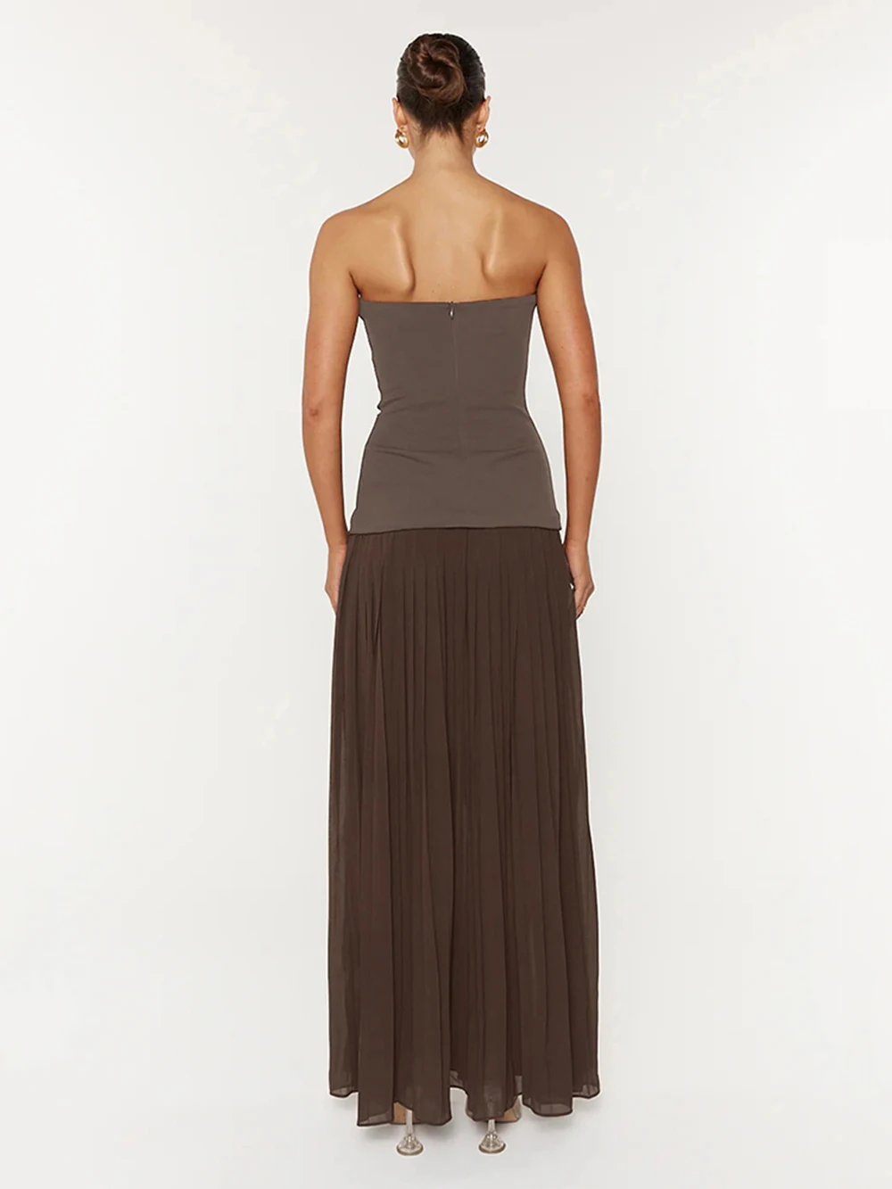 الأوروبية والأمريكية الخريف جديد الفرنسية الكتف لوتس ليف حافة القهوة البيضاء اللون منعت مطوي فستان بلا حمالات #6