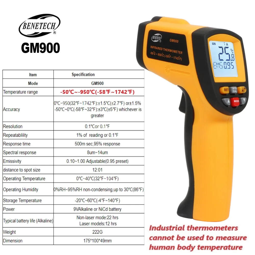 GM900 BENETECH 적외선 온도계, 디지털 레이저 온도계, 온도 센서 건, 비접촉 온도계,-50 ~ 950 ℃