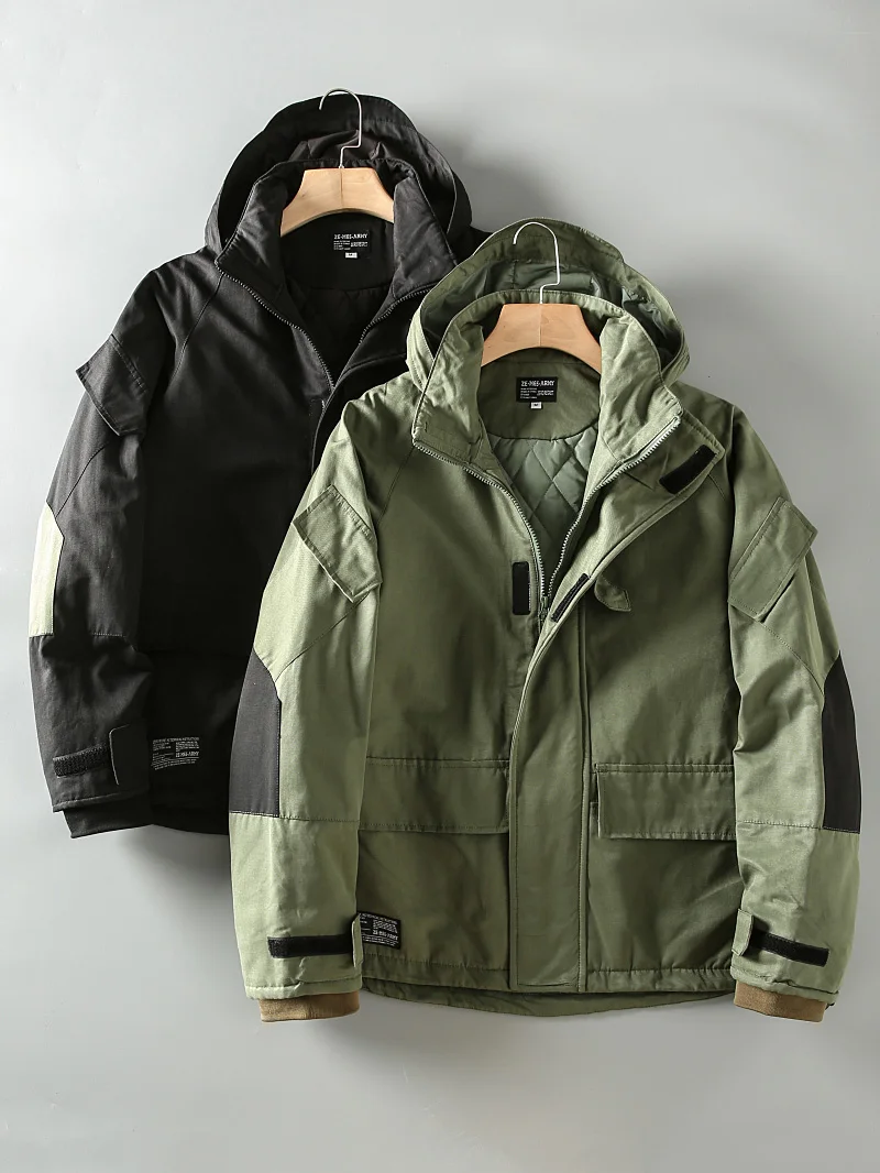 

Утепленная ретро-куртка в японском стиле для мужчин: повседневная рабочая одежда с капюшоном, хлопковая, с цветными блоками, теплая зимняя куртка